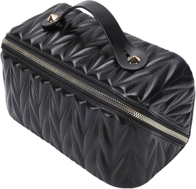 Travel Makeup Bag PU Leather Wide Opening Padded Toiletry Organizer Cosmetic Case Black - Image 1