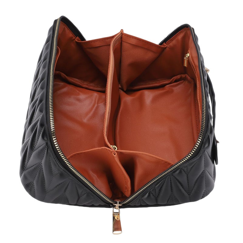 Travel Makeup Bag PU Leather Wide Opening Padded Toiletry Organizer Cosmetic Case Black - Image 4