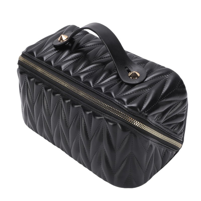 Travel Makeup Bag PU Leather Wide Opening Padded Toiletry Organizer Cosmetic Case Black - Image 2