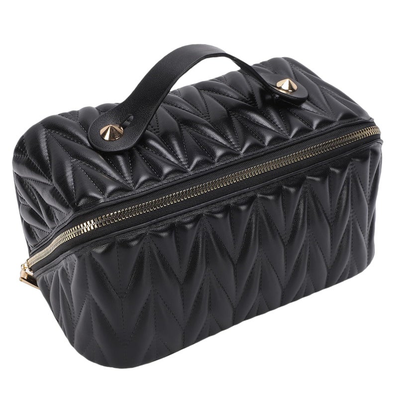 Travel Makeup Bag PU Leather Wide Opening Padded Toiletry Organizer Cosmetic Case Black - Image 3