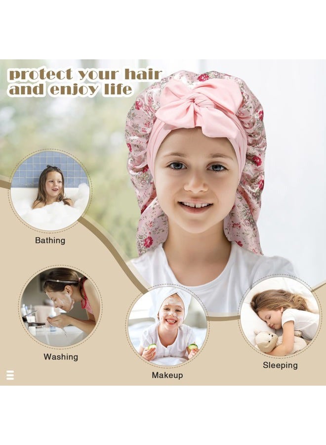 AWAYTR غطاء رأس طويل للأطفال للنوم - غطاء ساتان مزدوج الطبقة للفتيات مع حزام ربط للشعر المجعد (زهور وردية + بيج) - Image 5