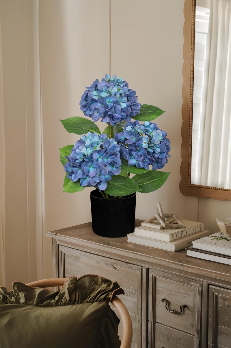 Hollyone Blue Hydrangea Artificial Flowers in Pot Large Silk Three-Head Hydrangeas Flowers Fake Flowers Arrangements for Indoor Home Office Kitchen Table Centerpieces Wedding Decorations - Image 5