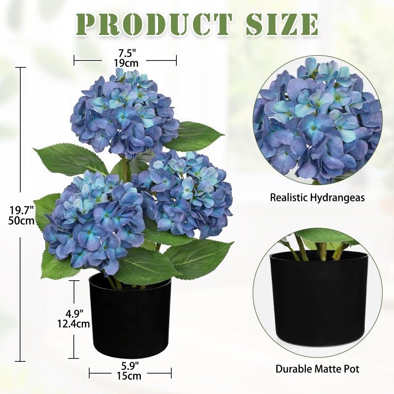 Hollyone Blue Hydrangea Artificial Flowers in Pot Large Silk Three-Head Hydrangeas Flowers Fake Flowers Arrangements for Indoor Home Office Kitchen Table Centerpieces Wedding Decorations - Image 2