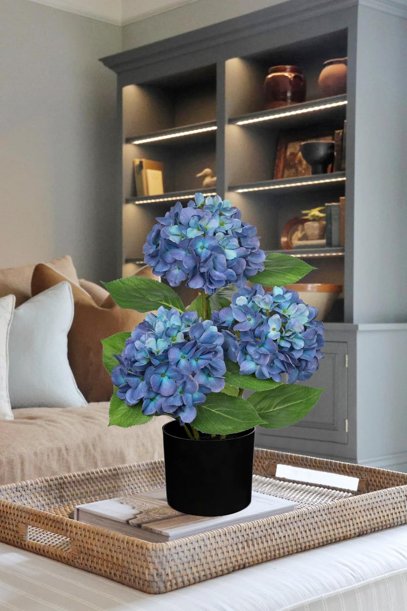 Hollyone Blue Hydrangea Artificial Flowers in Pot Large Silk Three-Head Hydrangeas Flowers Fake Flowers Arrangements for Indoor Home Office Kitchen Table Centerpieces Wedding Decorations - Image 4