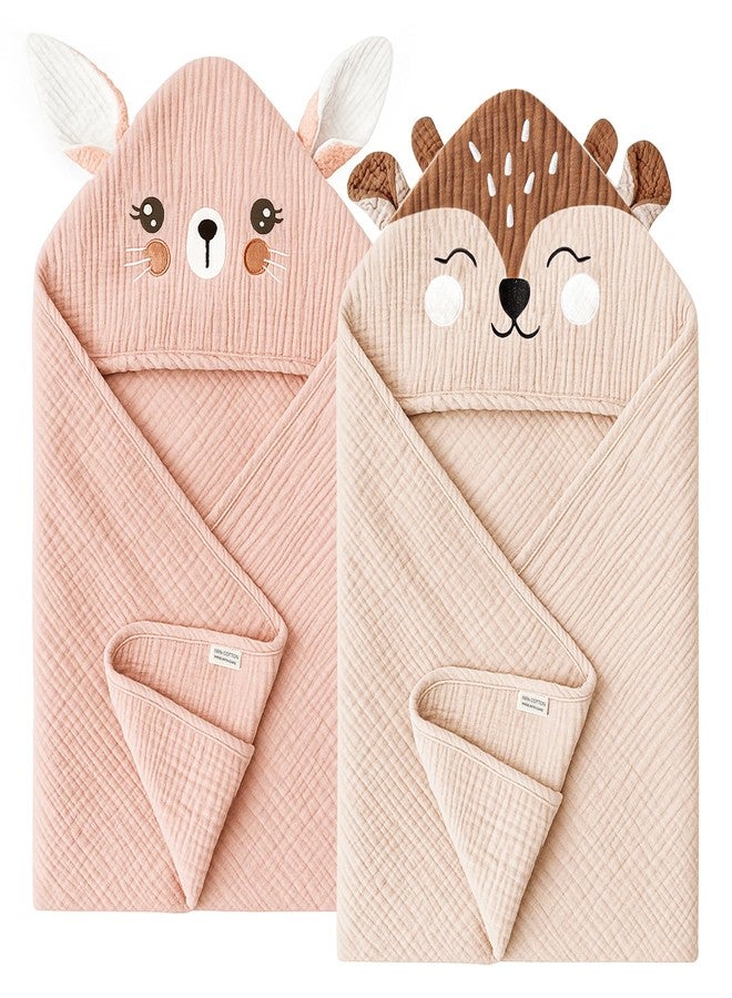 Konssy 2-Pack Muslin Baby Hooded Towels, 100% Cotton, Soft and Absorbent Baby Bath Towels for Newborn, Infant & Toddler with Animal Hooded Design(Bunny & Deer) - Image 1