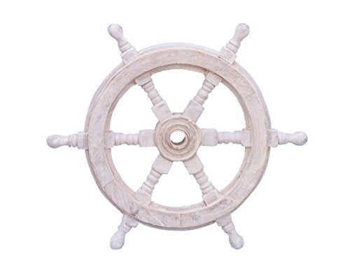 Hampton Nautical Classic Wooden Whitewashed Decorative Ship Steering Wheel 12" - Nautical Home Decoration - Image 1