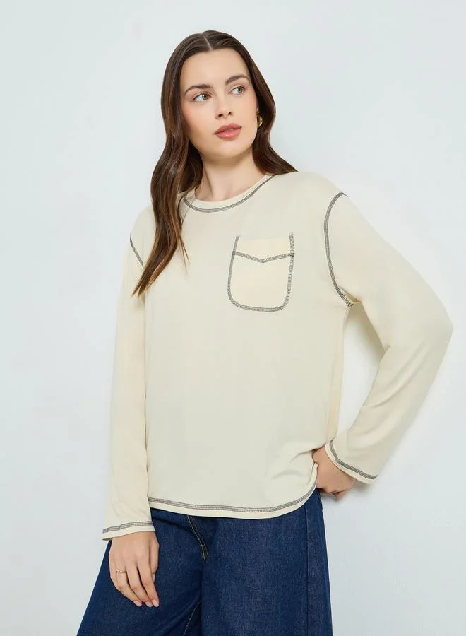 Styli Beige Long Sleeve Oversized T-Shirt with Pocket Detail