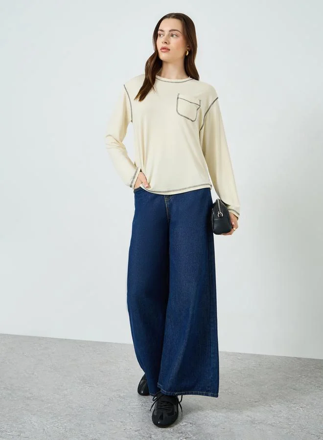 Styli Beige Long Sleeve Oversized T-Shirt with Pocket Detail