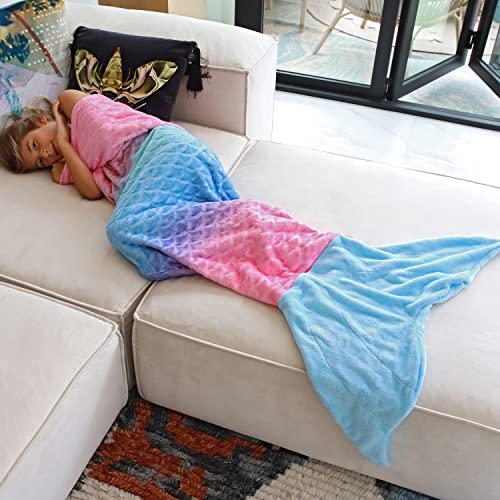 Catalonia Kids Mermaid Tail Blanket, Super Soft Plush Flannel Sleeping Snuggly Blanket for Girls, Rainbow Ombre, Fish Scale Pattern, Mermaid Gifts for Girls Birthday - Image 3