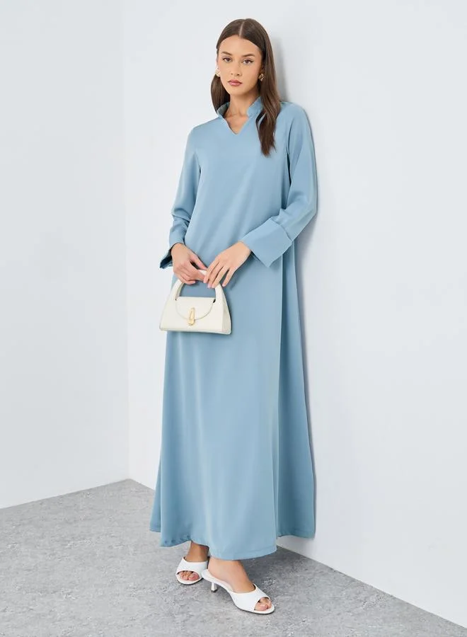 أميرة Amirah Women Blue Stand Collar Jalabiya with Sleeve Cuff Detail