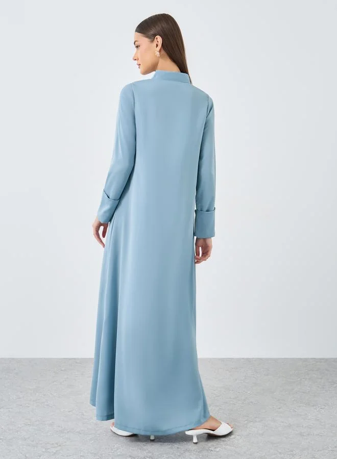 Amirah Amirah Women Blue Stand Collar Jalabiya with Sleeve Cuff Detail