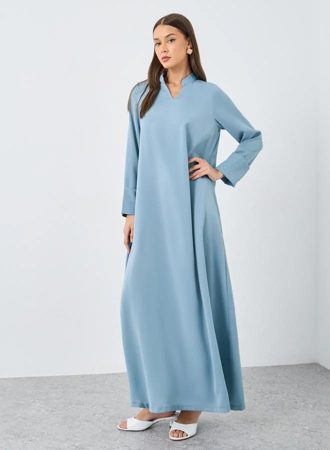 أميرة Amirah Women Blue Stand Collar Jalabiya with Sleeve Cuff Detail