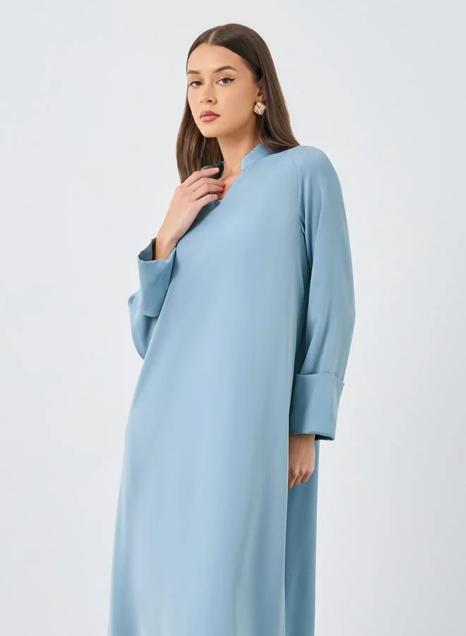 Amirah Amirah Women Blue Stand Collar Jalabiya with Sleeve Cuff Detail