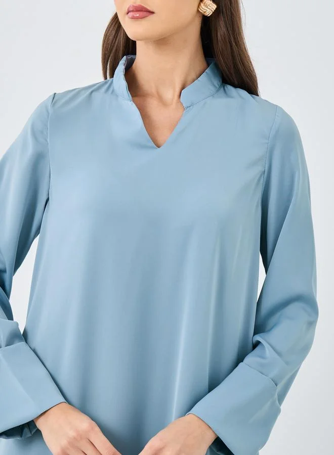 Amirah Amirah Women Blue Stand Collar Jalabiya with Sleeve Cuff Detail