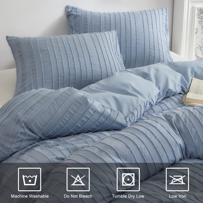 WARMDERN Blue Boho Duvet Cover Set Full Size  Striped Textured Duvet Cover Tufted Bedding Set  3 Pcs Ultra Soft Washed Microfiber Duvet Cover with Zipper Closure (Full  Blue) - Image 4