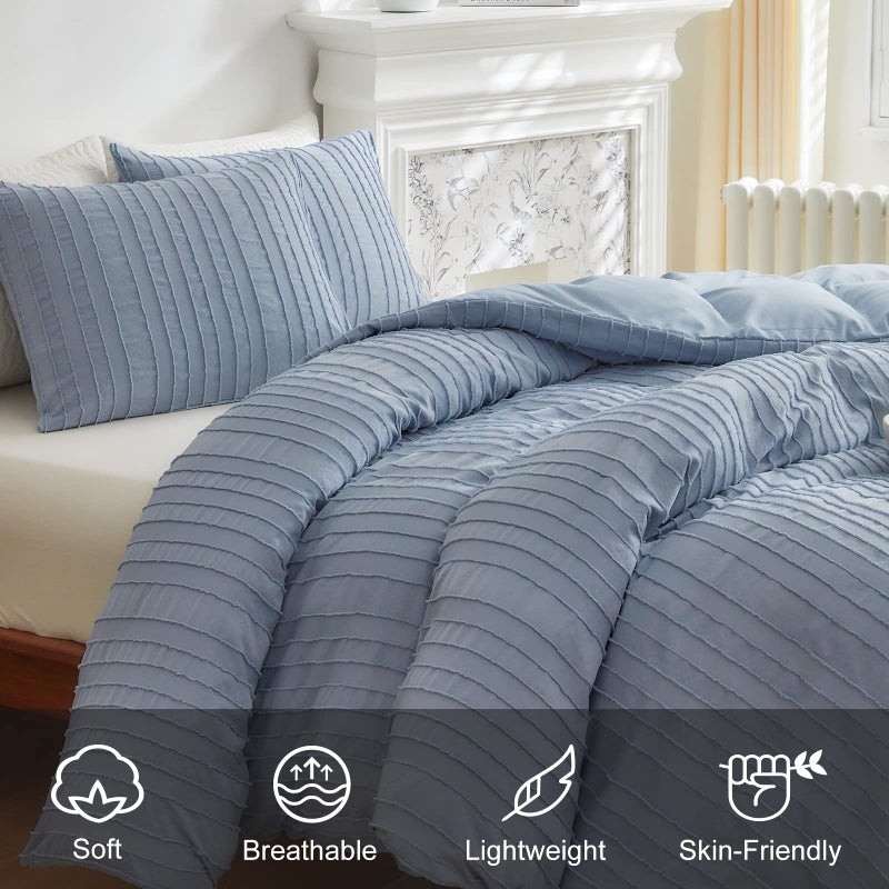WARMDERN Blue Boho Duvet Cover Set Full Size  Striped Textured Duvet Cover Tufted Bedding Set  3 Pcs Ultra Soft Washed Microfiber Duvet Cover with Zipper Closure (Full  Blue) - Image 3