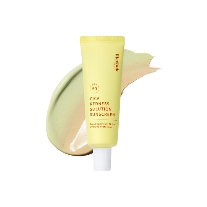 Meebak Tinted Sunscreen SPF 50 | Redness Correcting CC Cream, Green Color Corrector, Centella Sunscreen, Tone Perfecting Primer w/Centella & Ceramide, Fair to Medium Skin Tone, Korean Skin Care 50ml