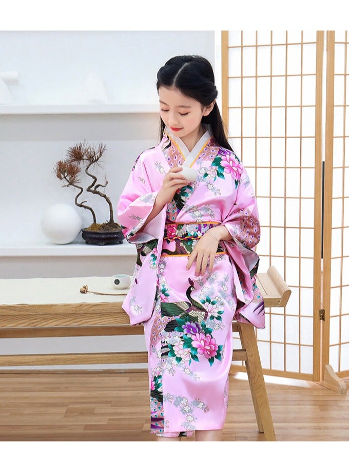 Japanese Traditional Costume Girl Deluxe Blossom Kimono Yukata Robe with Belt  For Kids  - Image 1