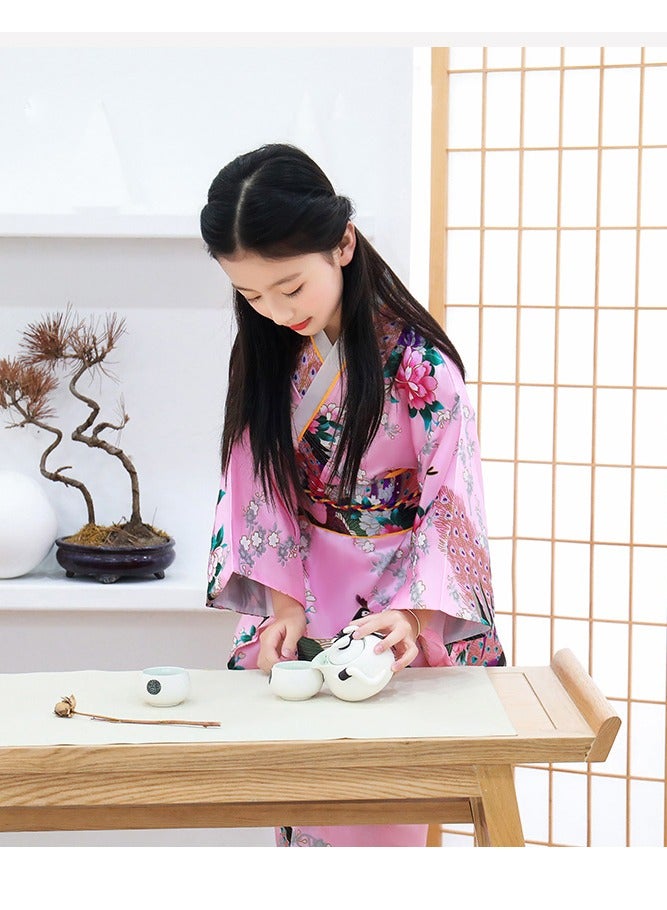 Japanese Traditional Costume Girl Deluxe Blossom Kimono Yukata Robe with Belt  For Kids  - Image 2