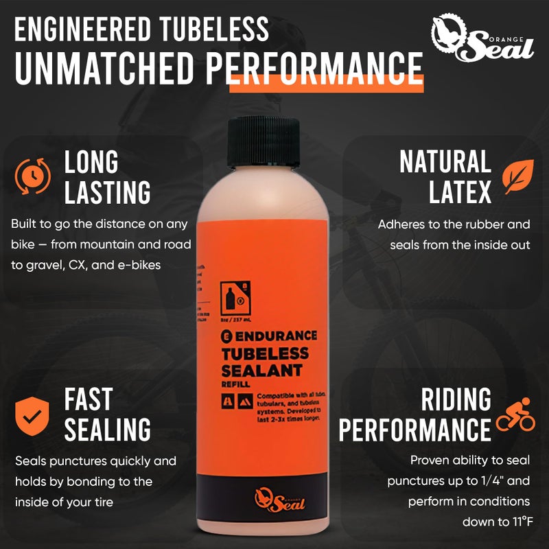 Orange Seal - Endurance Formula Tubeless Bike Tire Sealant| Long Lasting, Fast Sealing | for MTB, Road, CX and Gravel Bicycle Tires | 8oz Refill - Image 2