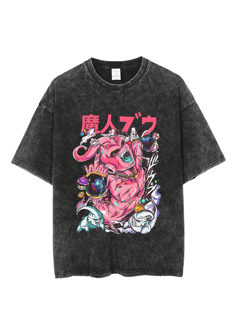 Washed Retro T-shirt Street Hip Hop Anime Dragon Ball Cartoon Print Casual Cotton Summer Short Sleeve - Image 1
