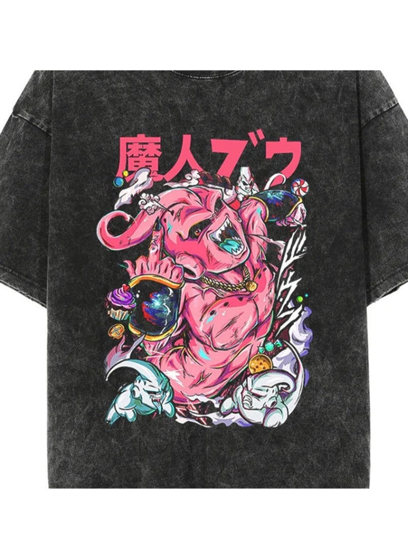 Washed Retro T-shirt Street Hip Hop Anime Dragon Ball Cartoon Print Casual Cotton Summer Short Sleeve - Image 4