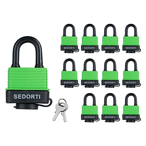 SEDORTI Colored Waterproof Padlocks, Heavy Duty Laminated Steel Lock with Green Plastic Covered, Keyed Alike Outdoor Locks, Can Be Used as Lockout Tagout Lock, Pack of 12 - Image 1