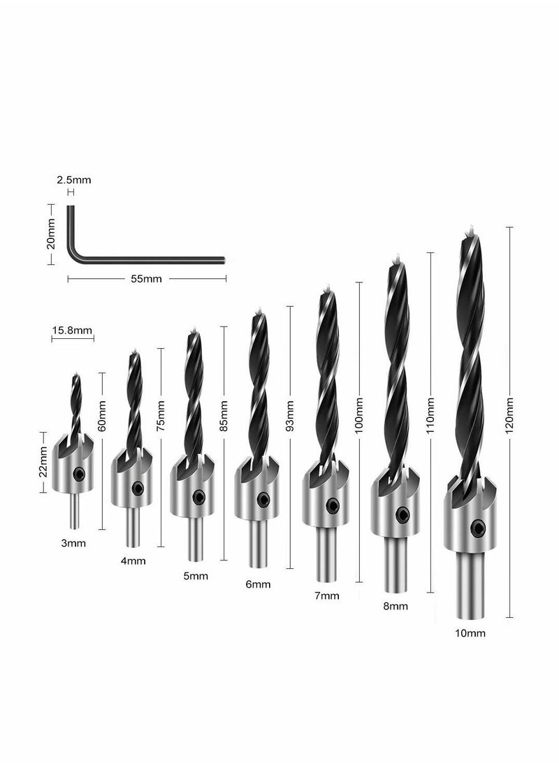 Y&D - Countersink Drill Bits Set, 7 Pcs Counter Sink Bit for Wood High-Speed Steel, Woodworking Carpentry Reamer with 1 Free Hex Key Wrench - Image 1