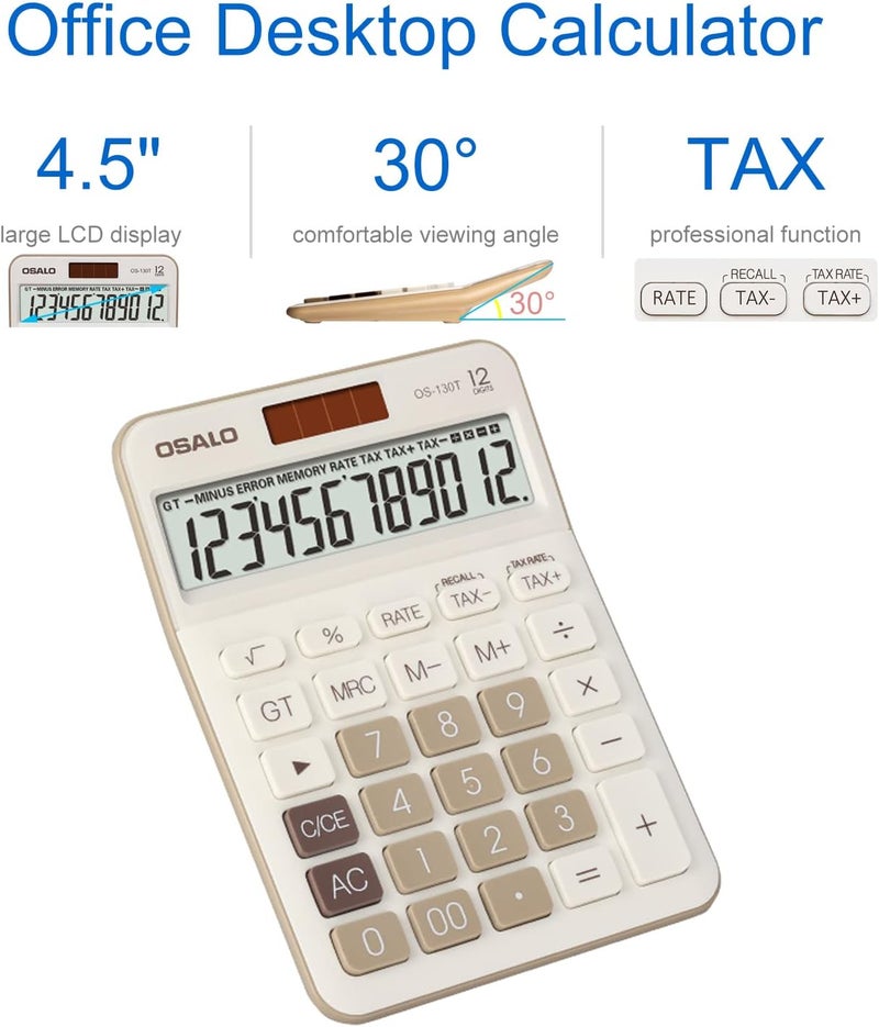 OSALO Desktop Calculator Extra Large Display Large Buttons 12-Digits Office Desk Calculator with VAT Tax Function (OS-130T) - Image 4