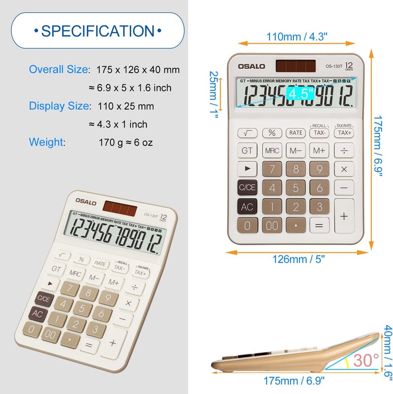 OSALO Desktop Calculator Extra Large Display Large Buttons 12-Digits Office Desk Calculator with VAT Tax Function (OS-130T) - Image 5