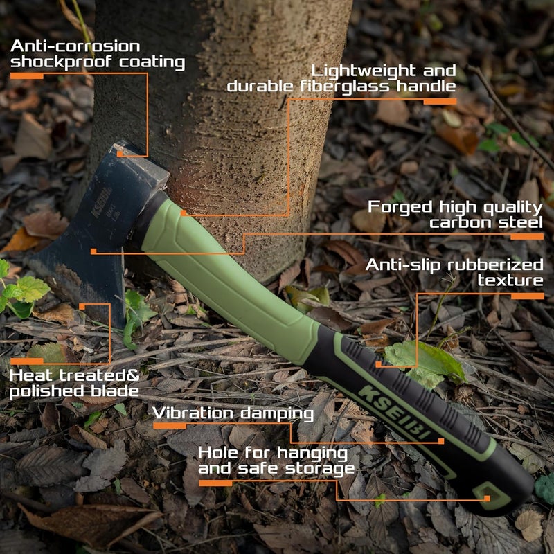 KSEIBI Hatchet with Sheath, Camping Axe for Splitting and Kindling Wood, Forged Steel Blade with Anti-Slip and Shock Reduction Handle Great Throwing Hatchets (Sausalito Green) - Image 2