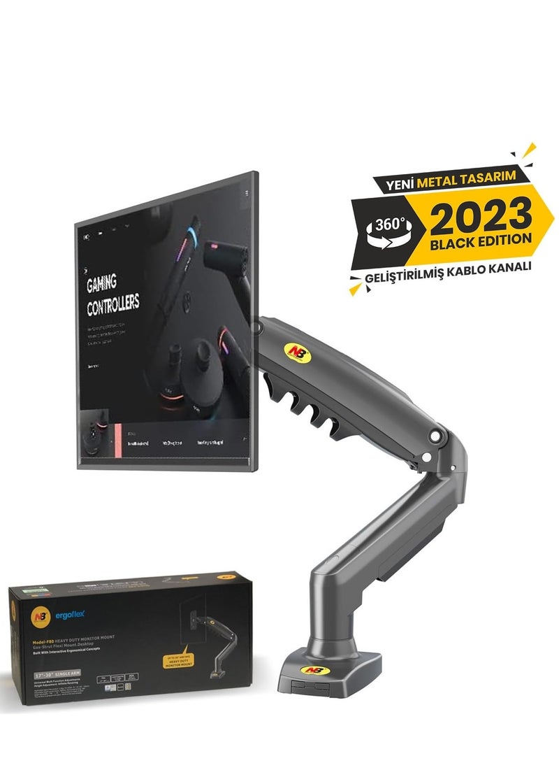 حامل شاشة كمبيوتر للمكتب قابل للتعديل مع ذراع زنبركي غازي وزاوية إمالة وارتفاع قابل للتعديل للشاشات من 17 إلى 30 بوصة، VESA 75x75/100x100 مم مع مشبك وقاعدة تثبيت F80 - Image 3