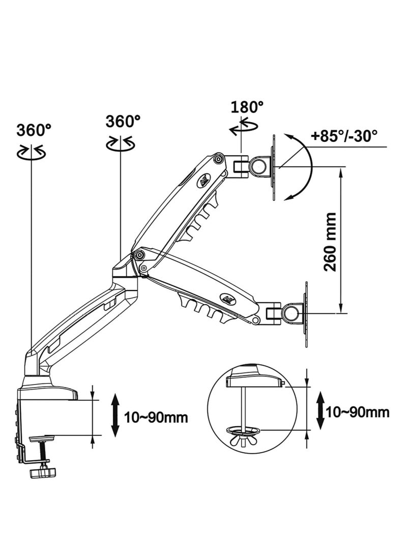 حامل شاشة كمبيوتر للمكتب قابل للتعديل مع ذراع زنبركي غازي وزاوية إمالة وارتفاع قابل للتعديل للشاشات من 17 إلى 30 بوصة، VESA 75x75/100x100 مم مع مشبك وقاعدة تثبيت F80 - Image 5