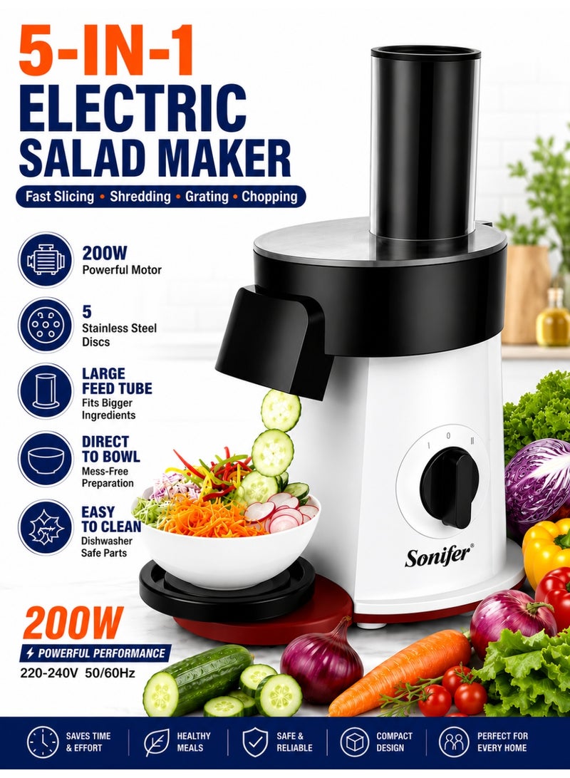 Sonifer 5-in-1 Electric Salad Maker with 200W Motor, 5 Stainless Steel Cutting Discs, Vegetable Slicer, Shredder & Grater Machine, Large Feed Tube, Direct-to-Bowl Design, Easy to Clean - Image 1