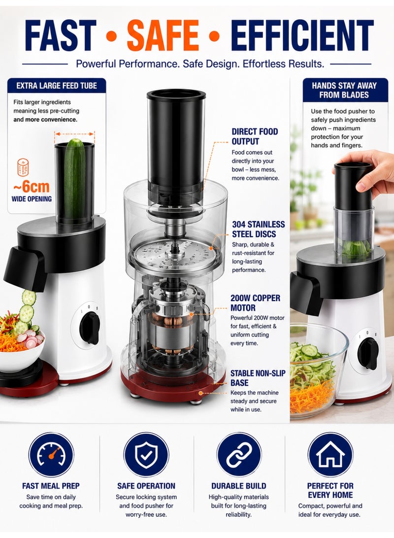 Sonifer 5-in-1 Electric Salad Maker with 200W Motor, 5 Stainless Steel Cutting Discs, Vegetable Slicer, Shredder & Grater Machine, Large Feed Tube, Direct-to-Bowl Design, Easy to Clean - Image 3