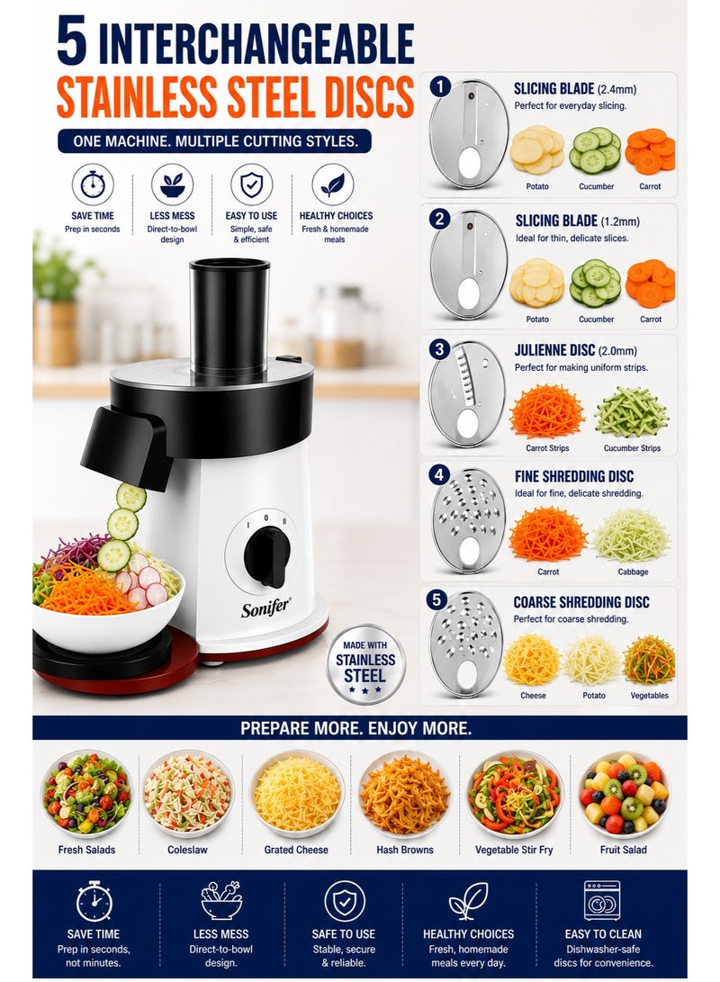 Sonifer 5-in-1 Electric Salad Maker with 200W Motor, 5 Stainless Steel Cutting Discs, Vegetable Slicer, Shredder & Grater Machine, Large Feed Tube, Direct-to-Bowl Design, Easy to Clean - Image 2