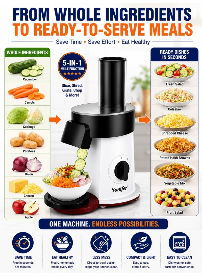 Sonifer 5-in-1 Electric Salad Maker with 200W Motor, 5 Stainless Steel Cutting Discs, Vegetable Slicer, Shredder & Grater Machine, Large Feed Tube, Direct-to-Bowl Design, Easy to Clean - Image 4