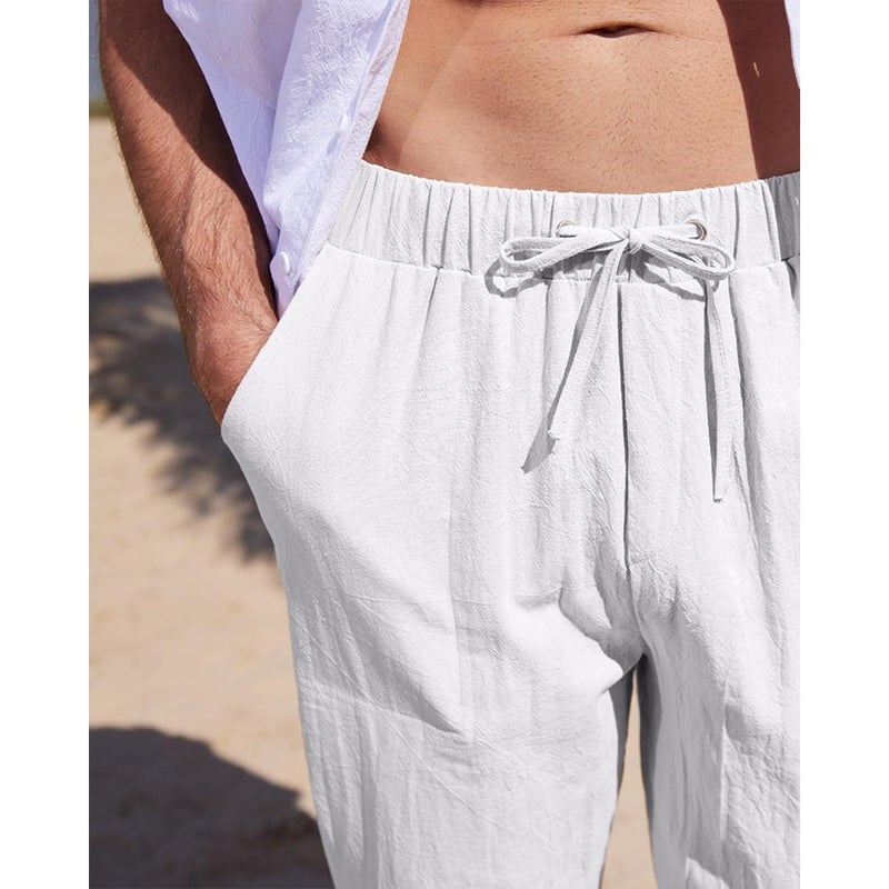 YaoHuole Linen Pants for Men Loose Casual Long Pants with Pockets Elastic Waist White Breathable Natural Linen Fabric Summer Home Office Travel Wear - Image 2