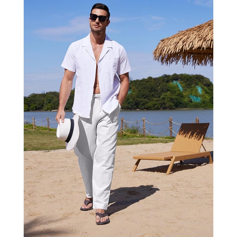 YaoHuole Linen Pants for Men Loose Casual Long Pants with Pockets Elastic Waist White Breathable Natural Linen Fabric Summer Home Office Travel Wear - Image 4