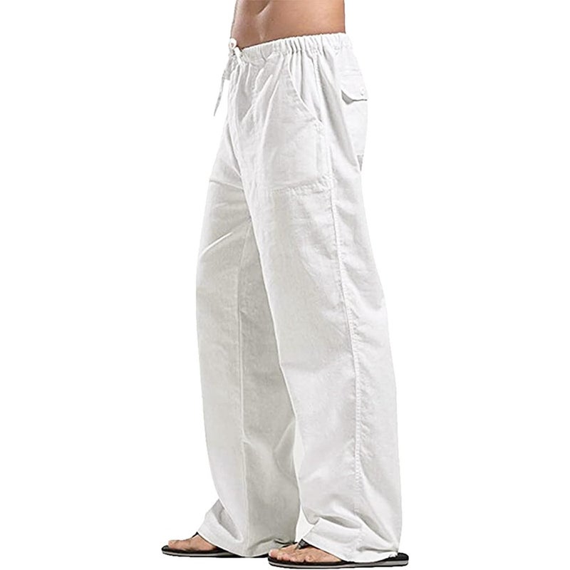 YaoHuole Linen Pants for Men Loose Casual Long Pants with Pockets Elastic Waist White Breathable Natural Linen Fabric Summer Home Office Travel Wear - Image 1