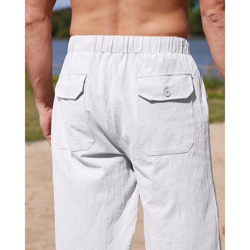 YaoHuole Linen Pants for Men Loose Casual Long Pants with Pockets Elastic Waist White Breathable Natural Linen Fabric Summer Home Office Travel Wear - Image 3