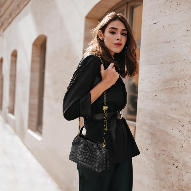 Joryin Woven Women's Crossbody Bag & Evening Purse, Trendy Dumpling Clutch & Hobo Cloud Shoulder Bag Trendy Dumpling Clutch Vegan Leather, Black - Image 2