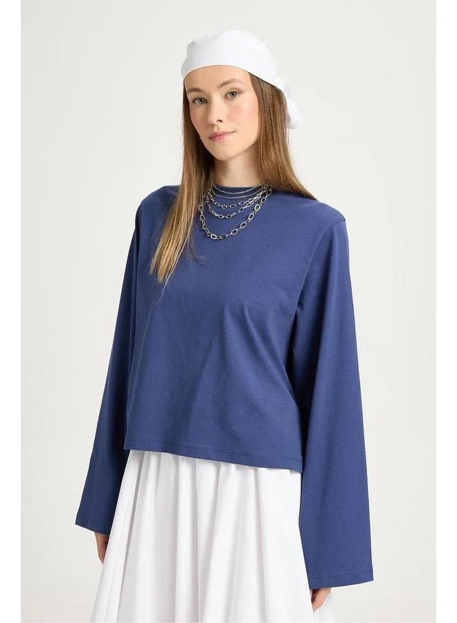 mina aise Crop Wide Sleeve Oversized Basic T‑shirt Indigo