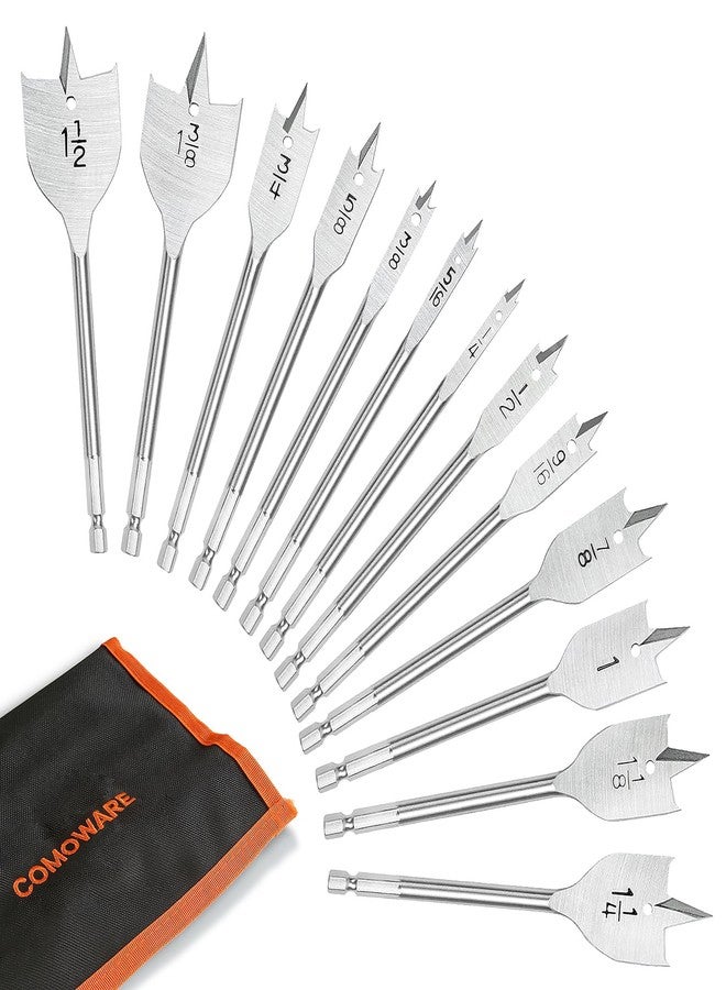 COMOWARE 13 Pcs Spade Drill Bit Set - Paddle Flat Bits Set for Woodworking, Hex Shank, Carbon Sreel, 1/4"-1-1/2", Portable Nylon Storage Holder - Image 1