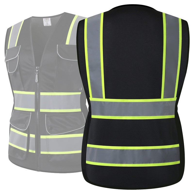 JKSafety 9 Pockets Women Hi-Vis Reflective Safety Vest | Mesh Black | Reflective Strips with Yellow Extended Trims | ANSI Compliant (168-Black, M) - Image 5