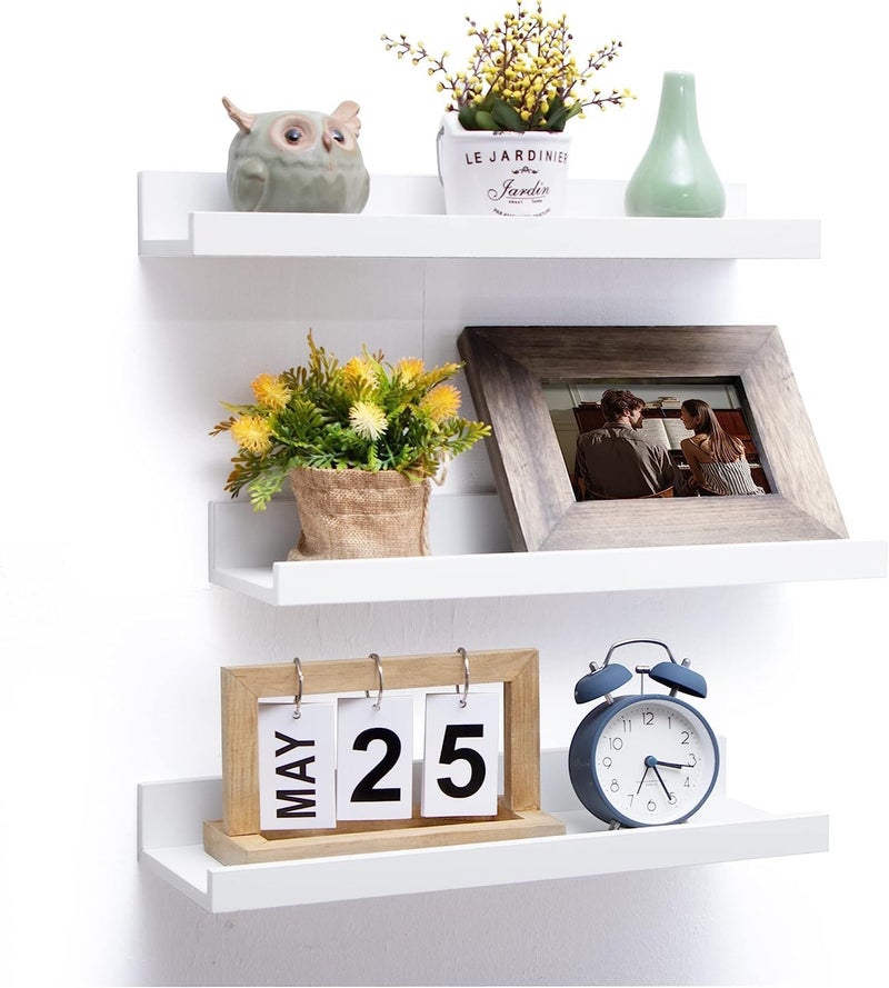 Streem Sheesham Wood Floating Shelves, Wall Shelves Set of 3, Picture Shelf Photo Ledge Shelves for Bathroom Kitchen and Bedroom,Livingroom & Office (16 Inch, White) - Image 1