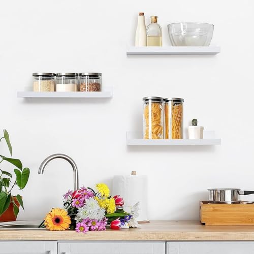 Streem Sheesham Wood Floating Shelves, Wall Shelves Set of 3, Picture Shelf Photo Ledge Shelves for Bathroom Kitchen and Bedroom,Livingroom & Office (16 Inch, White) - Image 2