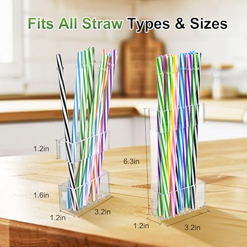 BERBAM 2 PACK Acrylic Straw Holder for Cabinet Doors, Reusable Straw Organizer with Ultra-Sticky Adhesive, Small Kitchen Accessories Container, Fits Both Short & Long Straws (Transparent) - Image 2