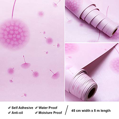 wolpin Wall Stickers PVC Wallpaper Hall Decor (45 x 500 cm) Pink Dandelion DIY Home Decoration Self Adhesive Flowers, Pink - Image 3