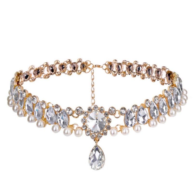 Chmier Bohemia Rhinestone Choker Chunky Crystal Necklace Pearl Choker Wedding Statement Jewelry Bridal Necklace Luxury Jewelry for Women(Gold)